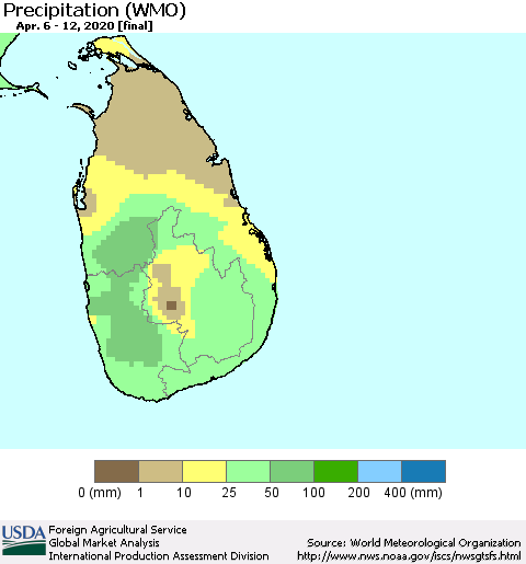 Sri Lanka Precipitation (WMO) Thematic Map For 4/6/2020 - 4/12/2020