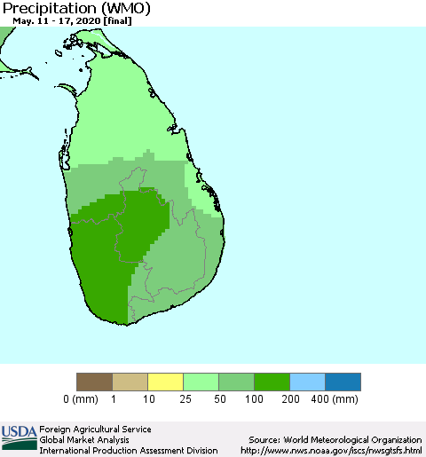 Sri Lanka Precipitation (WMO) Thematic Map For 5/11/2020 - 5/17/2020