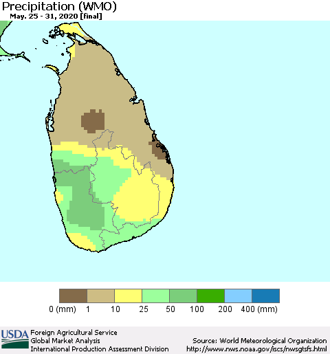Sri Lanka Precipitation (WMO) Thematic Map For 5/25/2020 - 5/31/2020