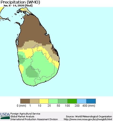 Sri Lanka Precipitation (WMO) Thematic Map For 6/8/2020 - 6/14/2020
