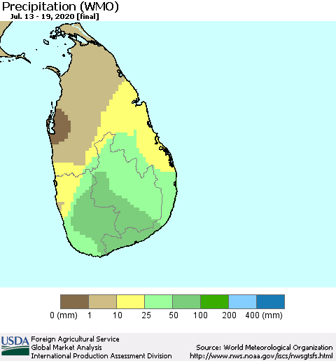 Sri Lanka Precipitation (WMO) Thematic Map For 7/13/2020 - 7/19/2020