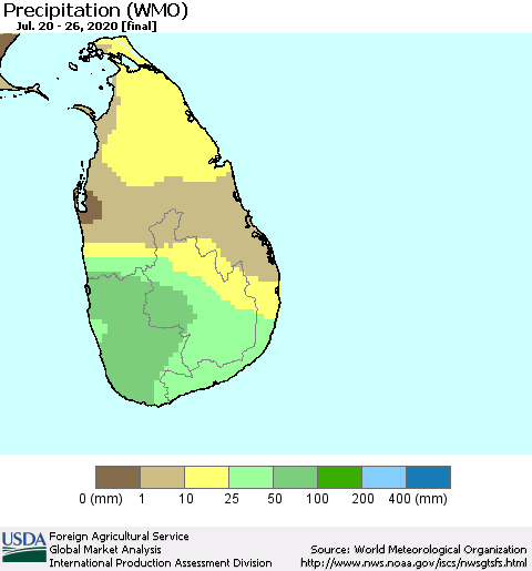 Sri Lanka Precipitation (WMO) Thematic Map For 7/20/2020 - 7/26/2020