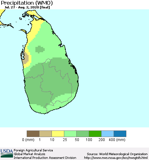 Sri Lanka Precipitation (WMO) Thematic Map For 7/27/2020 - 8/2/2020