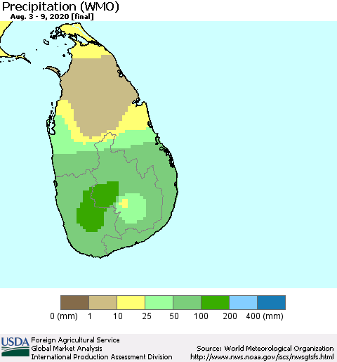 Sri Lanka Precipitation (WMO) Thematic Map For 8/3/2020 - 8/9/2020