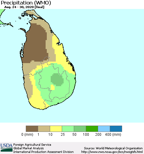 Sri Lanka Precipitation (WMO) Thematic Map For 8/24/2020 - 8/30/2020