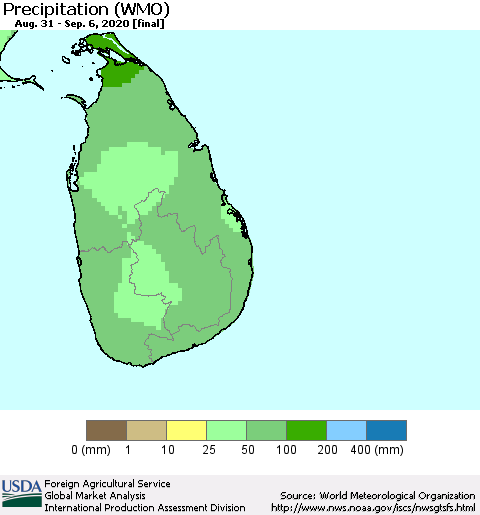 Sri Lanka Precipitation (WMO) Thematic Map For 8/31/2020 - 9/6/2020