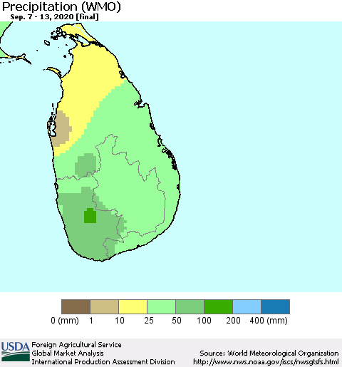 Sri Lanka Precipitation (WMO) Thematic Map For 9/7/2020 - 9/13/2020
