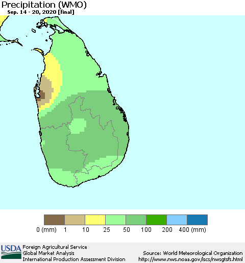 Sri Lanka Precipitation (WMO) Thematic Map For 9/14/2020 - 9/20/2020
