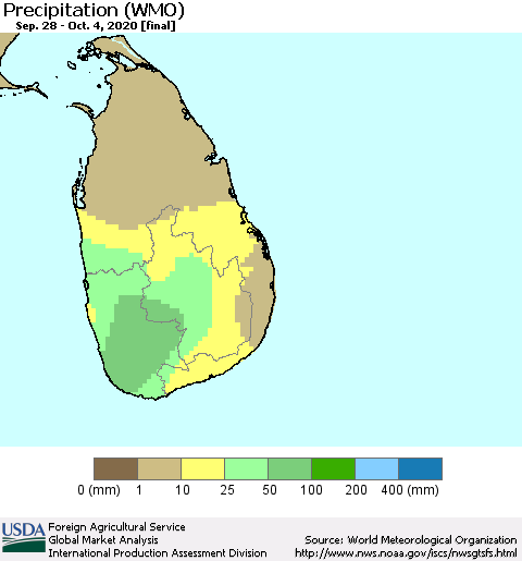 Sri Lanka Precipitation (WMO) Thematic Map For 9/28/2020 - 10/4/2020