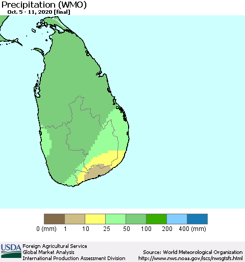 Sri Lanka Precipitation (WMO) Thematic Map For 10/5/2020 - 10/11/2020