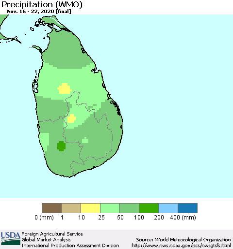 Sri Lanka Precipitation (WMO) Thematic Map For 11/16/2020 - 11/22/2020
