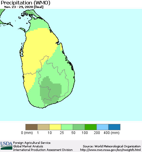 Sri Lanka Precipitation (WMO) Thematic Map For 11/23/2020 - 11/29/2020