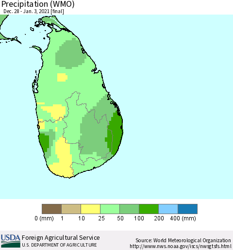 Sri Lanka Precipitation (WMO) Thematic Map For 12/28/2020 - 1/3/2021