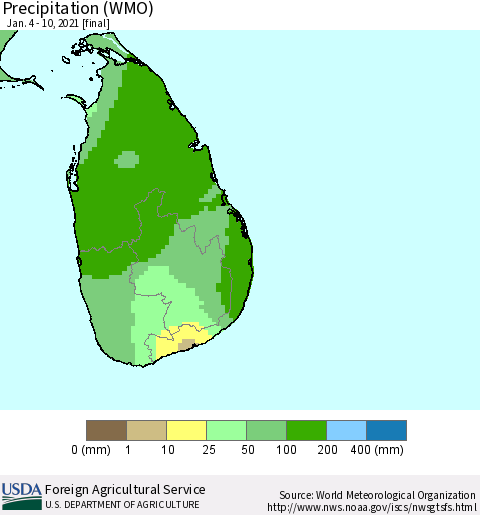 Sri Lanka Precipitation (WMO) Thematic Map For 1/4/2021 - 1/10/2021