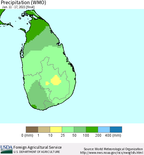 Sri Lanka Precipitation (WMO) Thematic Map For 1/11/2021 - 1/17/2021