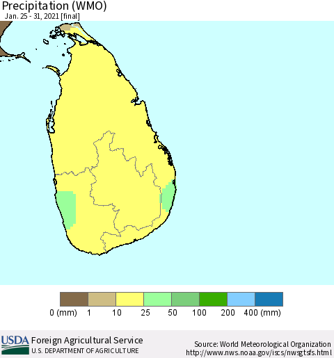 Sri Lanka Precipitation (WMO) Thematic Map For 1/25/2021 - 1/31/2021