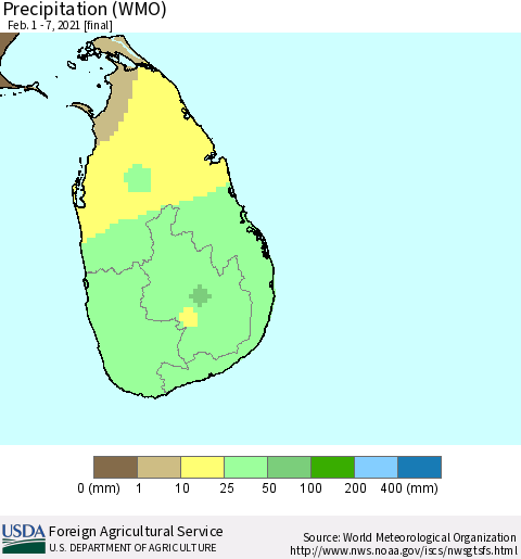 Sri Lanka Precipitation (WMO) Thematic Map For 2/1/2021 - 2/7/2021