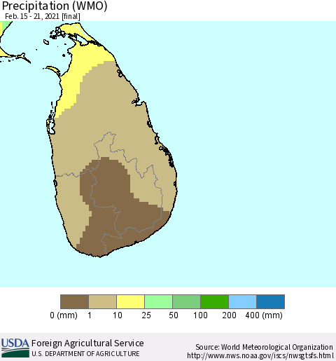 Sri Lanka Precipitation (WMO) Thematic Map For 2/15/2021 - 2/21/2021