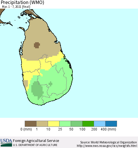 Sri Lanka Precipitation (WMO) Thematic Map For 3/1/2021 - 3/7/2021