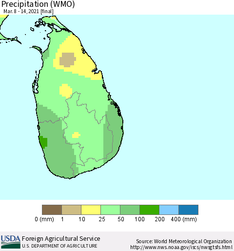 Sri Lanka Precipitation (WMO) Thematic Map For 3/8/2021 - 3/14/2021