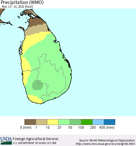 Sri Lanka Precipitation (WMO) Thematic Map For 3/15/2021 - 3/21/2021