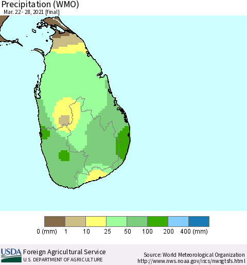 Sri Lanka Precipitation (WMO) Thematic Map For 3/22/2021 - 3/28/2021