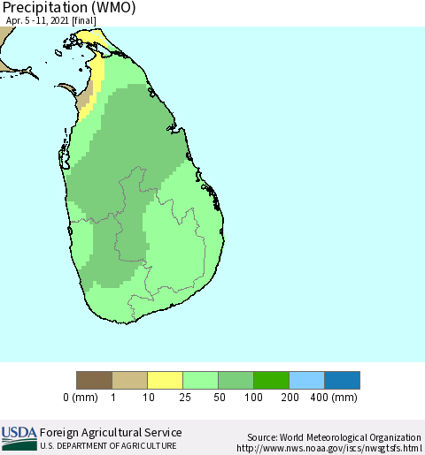 Sri Lanka Precipitation (WMO) Thematic Map For 4/5/2021 - 4/11/2021