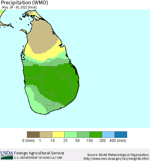 Sri Lanka Precipitation (WMO) Thematic Map For 5/24/2021 - 5/30/2021