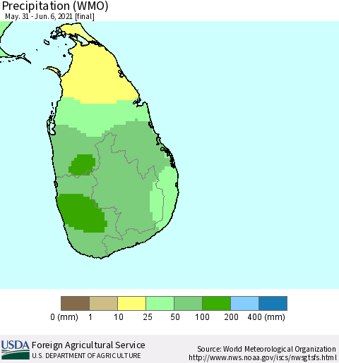 Sri Lanka Precipitation (WMO) Thematic Map For 5/31/2021 - 6/6/2021