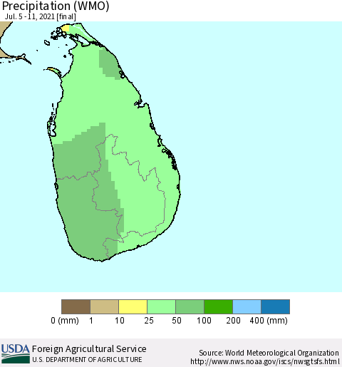 Sri Lanka Precipitation (WMO) Thematic Map For 7/5/2021 - 7/11/2021
