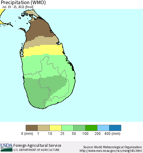 Sri Lanka Precipitation (WMO) Thematic Map For 7/19/2021 - 7/25/2021