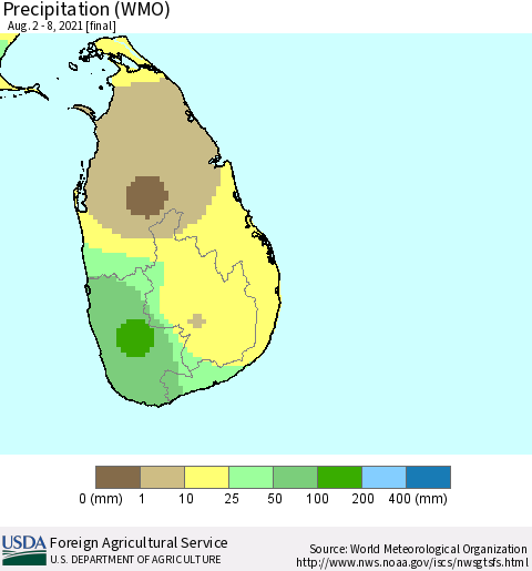 Sri Lanka Precipitation (WMO) Thematic Map For 8/2/2021 - 8/8/2021