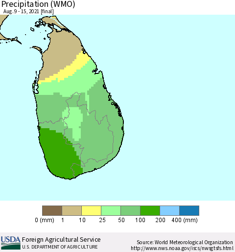 Sri Lanka Precipitation (WMO) Thematic Map For 8/9/2021 - 8/15/2021