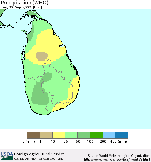 Sri Lanka Precipitation (WMO) Thematic Map For 8/30/2021 - 9/5/2021