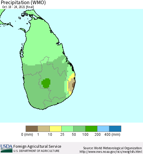 Sri Lanka Precipitation (WMO) Thematic Map For 10/18/2021 - 10/24/2021