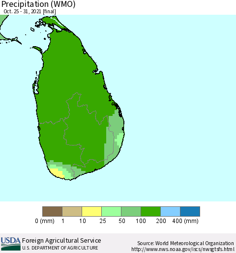Sri Lanka Precipitation (WMO) Thematic Map For 10/25/2021 - 10/31/2021