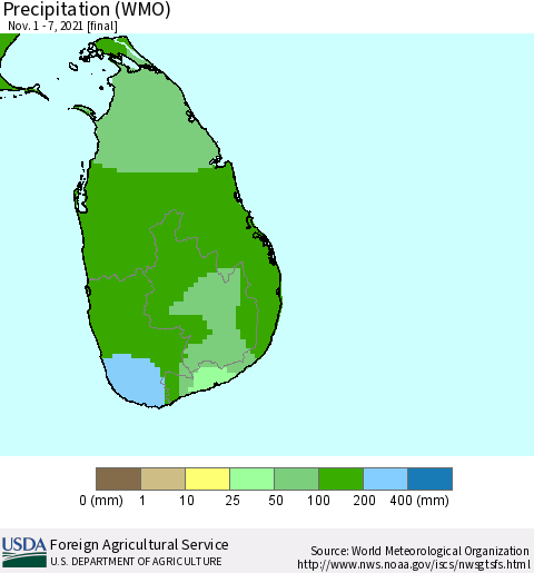 Sri Lanka Precipitation (WMO) Thematic Map For 11/1/2021 - 11/7/2021