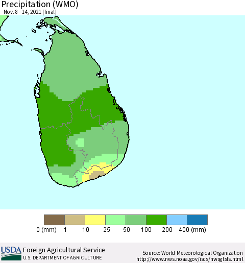 Sri Lanka Precipitation (WMO) Thematic Map For 11/8/2021 - 11/14/2021