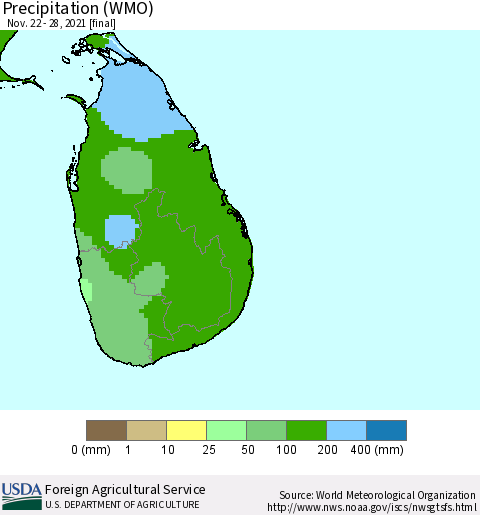 Sri Lanka Precipitation (WMO) Thematic Map For 11/22/2021 - 11/28/2021