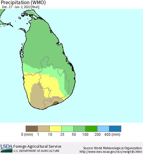 Sri Lanka Precipitation (WMO) Thematic Map For 12/27/2021 - 1/2/2022