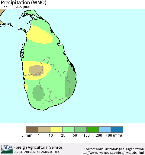 Sri Lanka Precipitation (WMO) Thematic Map For 1/3/2022 - 1/9/2022