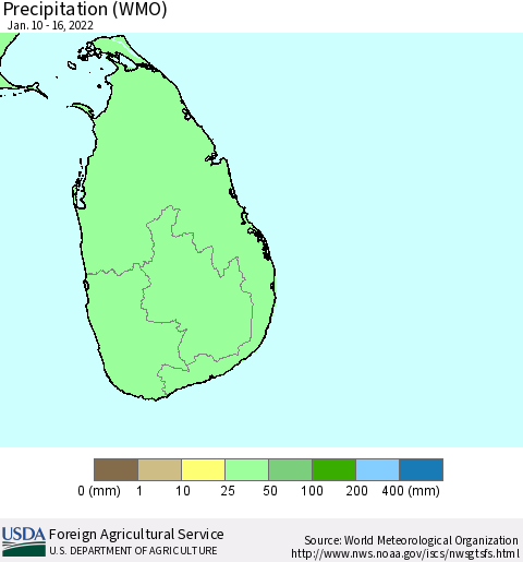 Sri Lanka Precipitation (WMO) Thematic Map For 1/10/2022 - 1/16/2022