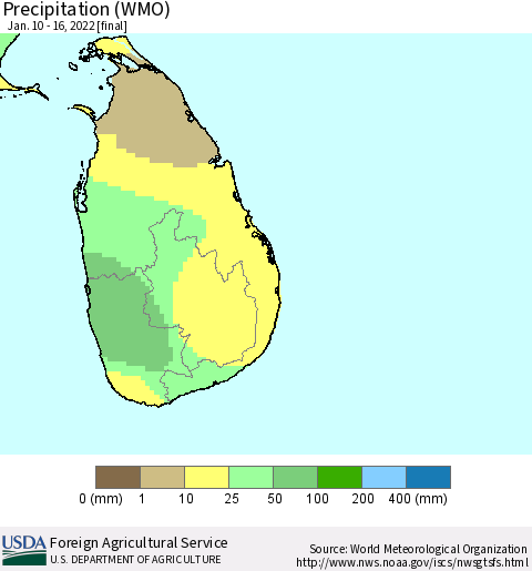 Sri Lanka Precipitation (WMO) Thematic Map For 1/10/2022 - 1/16/2022