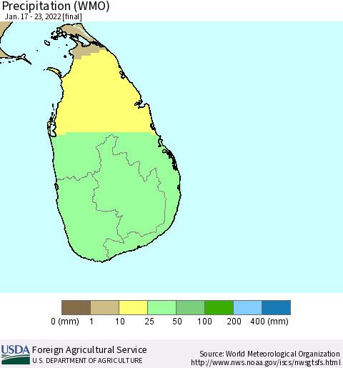 Sri Lanka Precipitation (WMO) Thematic Map For 1/17/2022 - 1/23/2022