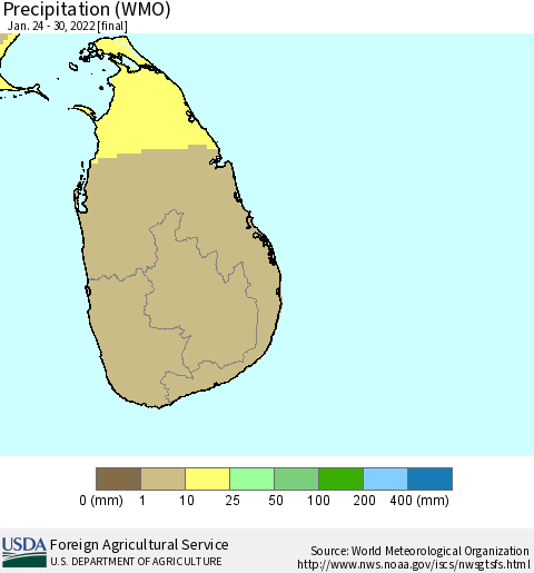 Sri Lanka Precipitation (WMO) Thematic Map For 1/24/2022 - 1/30/2022