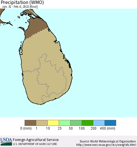 Sri Lanka Precipitation (WMO) Thematic Map For 1/31/2022 - 2/6/2022