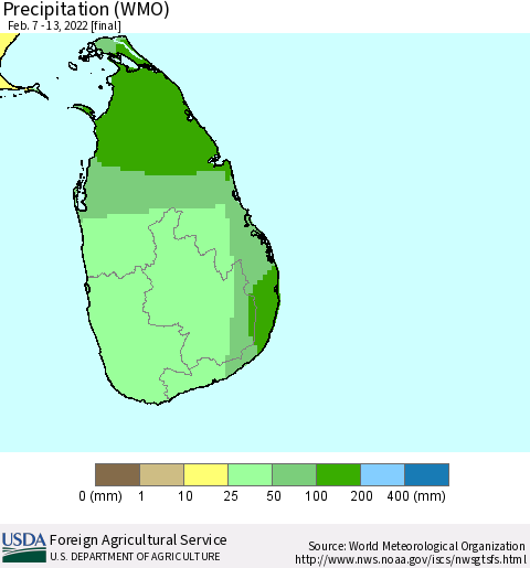 Sri Lanka Precipitation (WMO) Thematic Map For 2/7/2022 - 2/13/2022