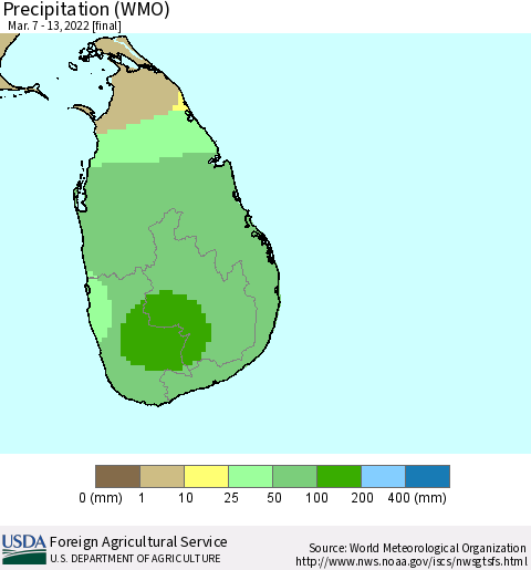 Sri Lanka Precipitation (WMO) Thematic Map For 3/7/2022 - 3/13/2022