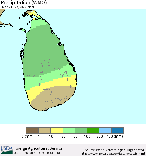 Sri Lanka Precipitation (WMO) Thematic Map For 3/21/2022 - 3/27/2022