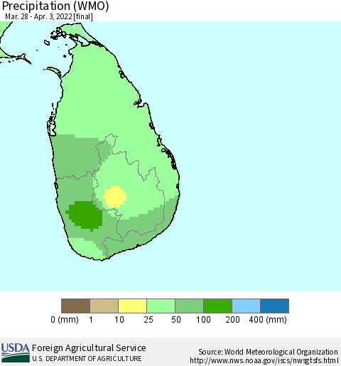 Sri Lanka Precipitation (WMO) Thematic Map For 3/28/2022 - 4/3/2022